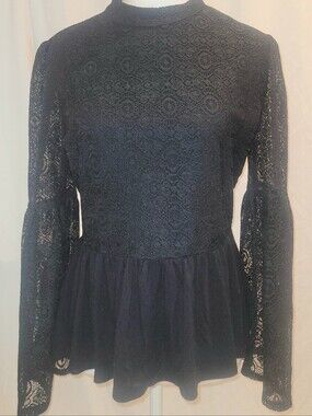 NWOT Wrangler Retro Black Lace Peplum Top Mock Neck Bell Sleeve M